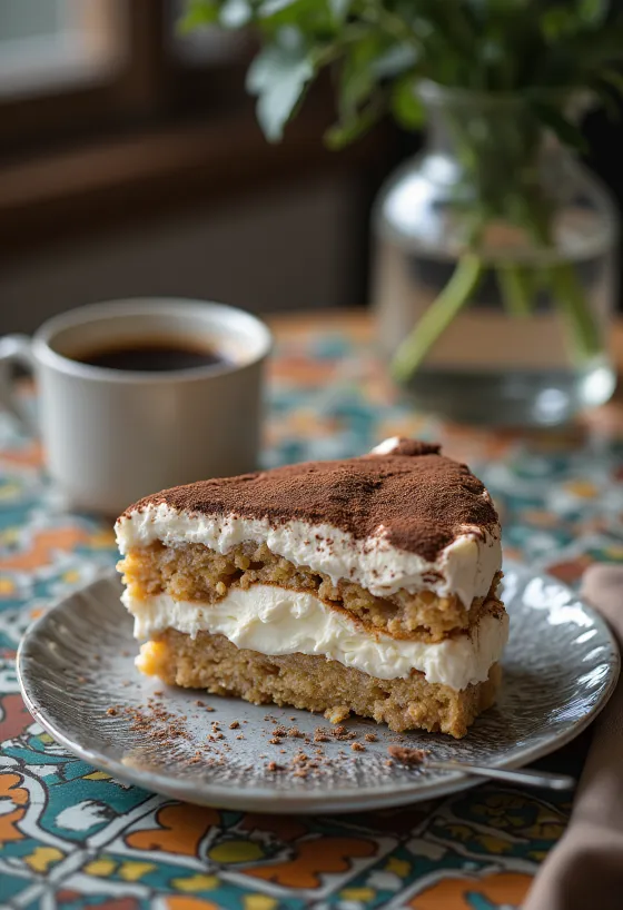 Kue tiramisu krim dengan lapisan biskuit kopi dan krim mascarpone, ditaburi bubuk kakao.