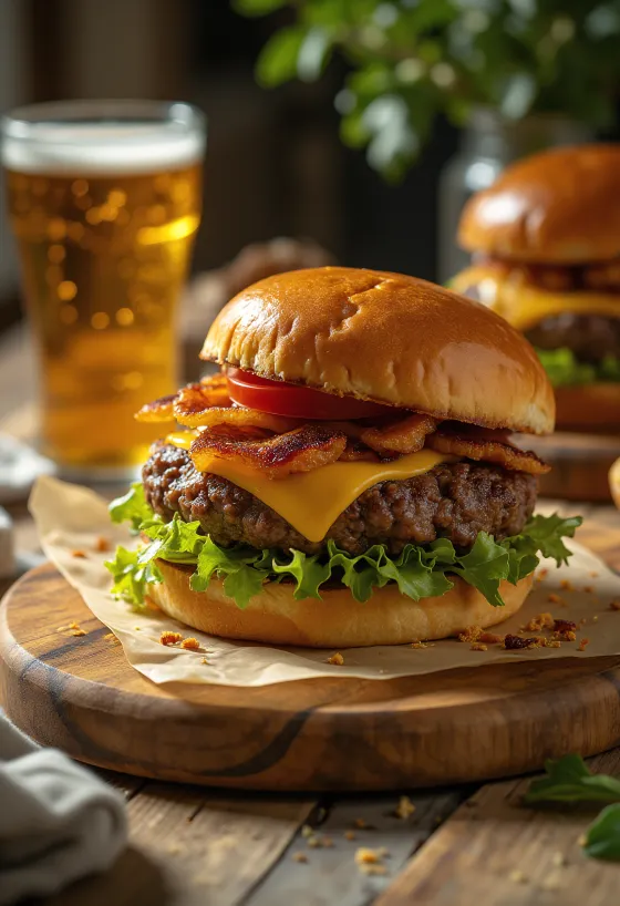 Burger Spesial Rumah dengan daging asap sapi renyah dan bawang panggang