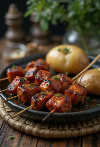 Tusuk sate Anticuchos disajikan dengan sayuran panggang