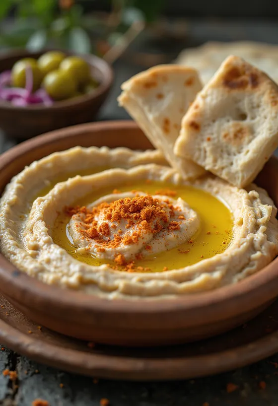 Hummus dengan tekstur sutra, disiram minyak zaitun, disajikan dengan pita
