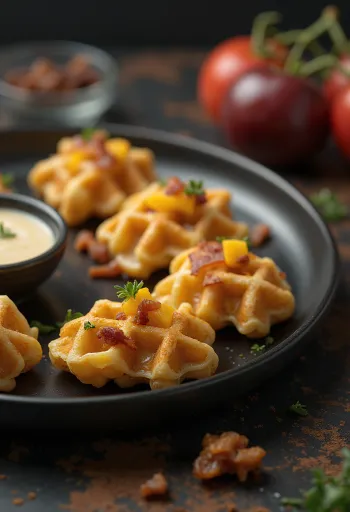 Wafel gurih mini dengan keju cheddar dan daging sapi asap