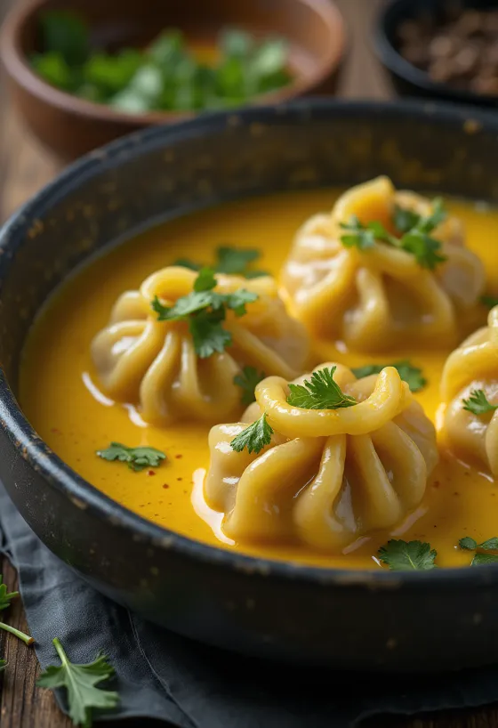 Momo isi dengan saus kari dikukus, disajikan