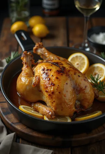 Ayam mutiara panggang dengan glasir lemon disajikan dengan sayuran.