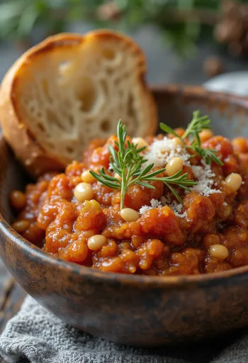 Pesto merah kasar dengan potongan tomat kering dan keju