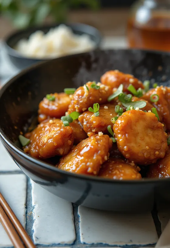 Dada ayam saus madu-cabai, disajikan dengan biji wijen dan ketumbar