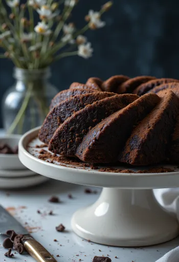 Bolu cokelat bundt berwarna cokelat keemasan dengan glasir cokelat