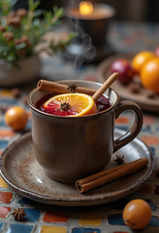 Mulled wine manis disajikan dengan irisan jeruk dan kayu manis