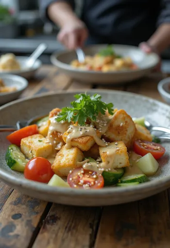 Salad tahu bawang putih dengan tahini