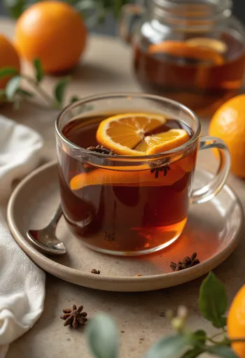Cangkir teh jeruk rempah yang mengepul panas