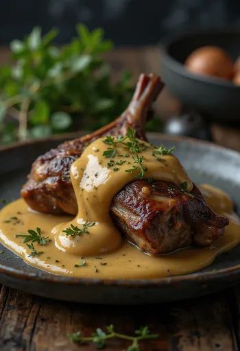 Kelinci liar panggang dengan saus mustard disajikan dengan elegan.