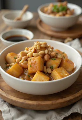 Tahu goreng marinasi kacang disajikan