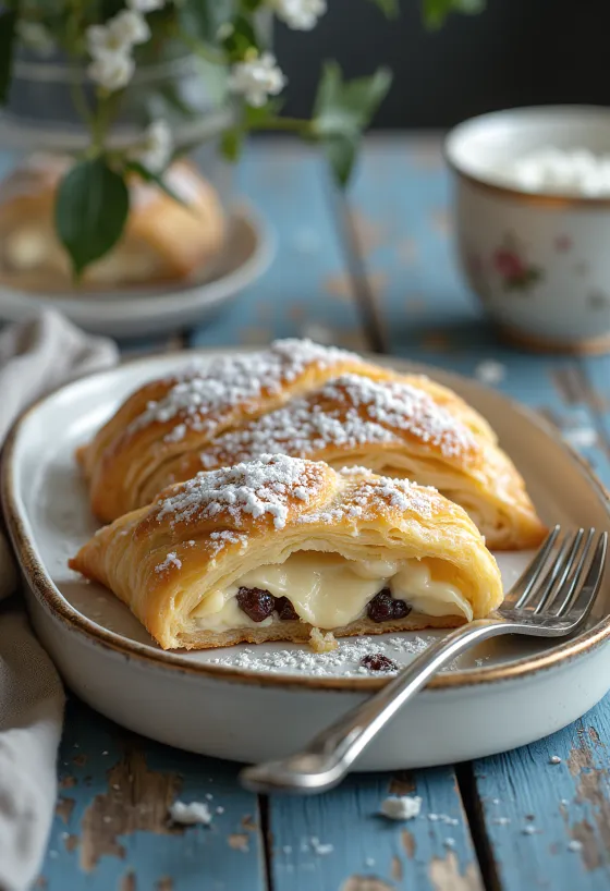 Strudel keju cottage dipanggang cokelat keemasan, ditaburi gula halus