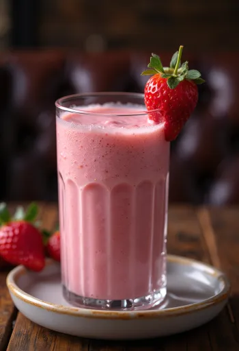 Smoothie stroberi dalam gelas tinggi, dihiasi dengan irisan stroberi segar