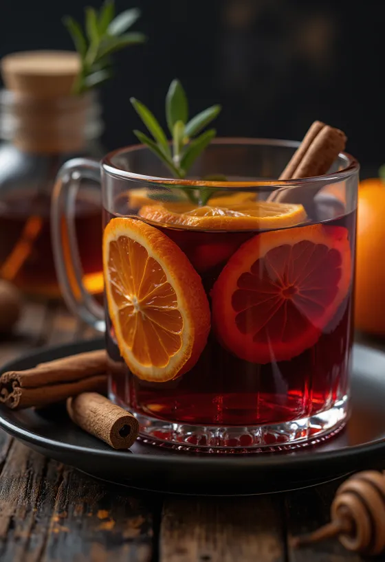 Gelas berisi anggur merah rempah (mulled wine) panas