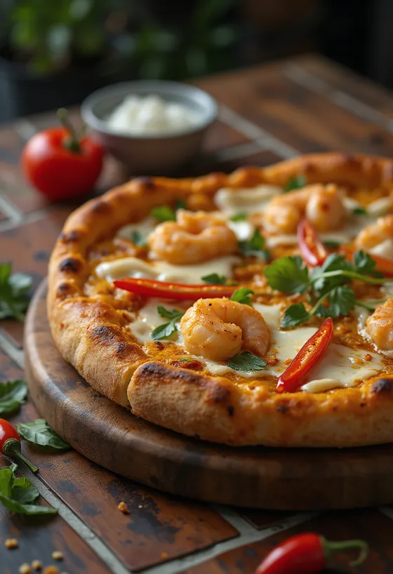 Laksa pizza dengan bumbu Melayu dan udang