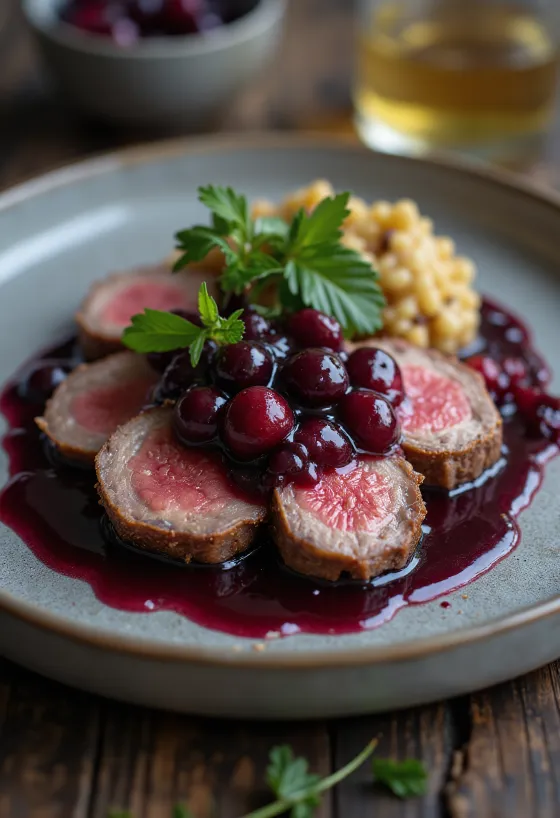 Burung unta panggang dengan saus berry disajikan di piring dengan hiasan.