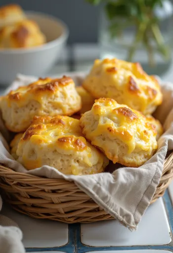 Scone keju dan keju cottage dengan bagian atas cokelat keemasan