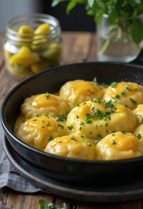 Nokedli telur ditaburi peterseli segar, disajikan dengan acar rumahan.