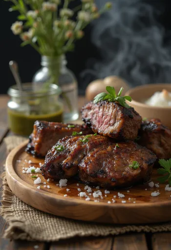 Asado disajikan dengan sayuran panggang dan saus chimichurri