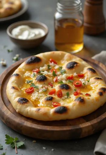 Chilis naan segar, dihiasi potongan cabai, disajikan hangat