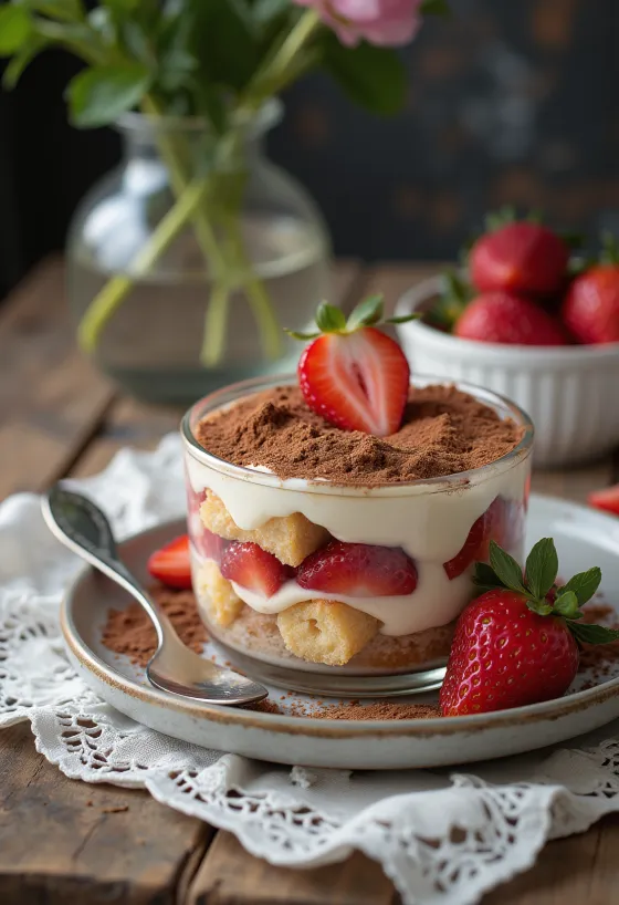 Tiramisu stroberi dengan lapisan biskuit dan krim mascarpone, dihiasi dengan stroberi segar
