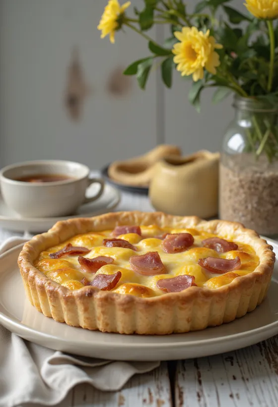 Quiche keju asap dan daging sapi asap diiris dalam penyajian pedesaan