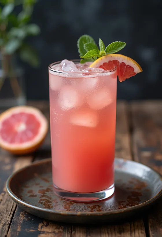 Gelas berisi jus grapefruit segar berwarna merah muda