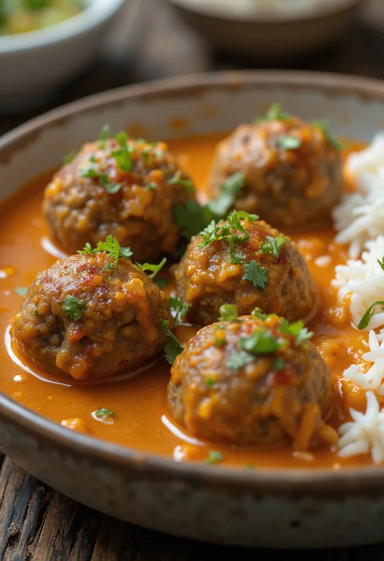 Lamb Kofta Curry disajikan dengan ketumbar segar