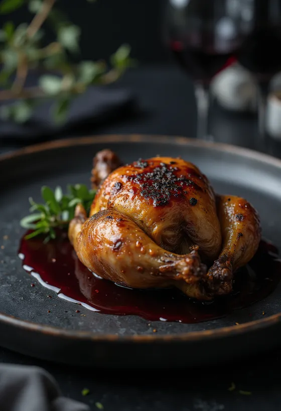 Burung partridge panggang dengan jus anggur merah disajikan dengan elegan.