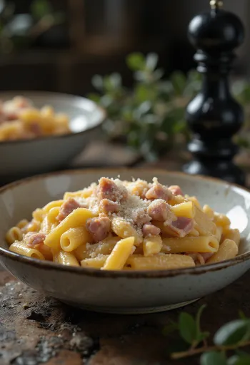 Pasta ham dengan saus krim dan taburan keju parut, disajikan di piring putih.