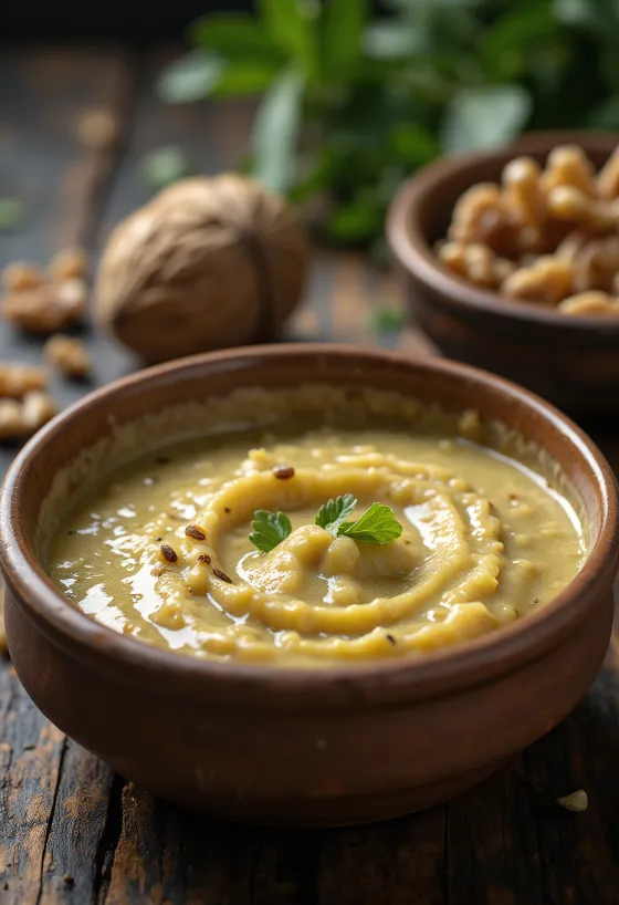 Saus krem kecokelatan dengan tekstur kacang halus