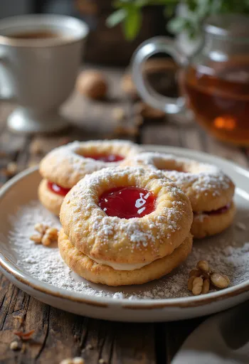 Linzer kenari dengan gula halus dan isian selai