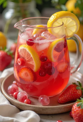Lemonade stroberi-kismis merah menyegarkan dalam gelas dengan mint dan es