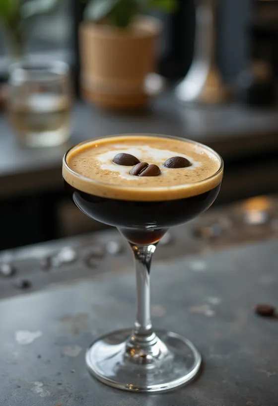 Koktail Espresso Martini dihiasi dengan tiga biji kopi