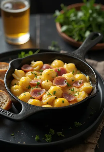 Piring berisi nokedli telur kuning dengan taburan daging goreng