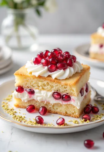 Kue mousse delima dihiasi dengan biji delima segar