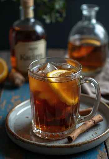 Mug berisi grog panas tradisional dengan irisan lemon