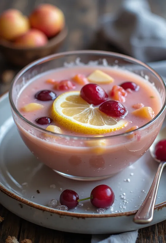 Sup buah dengan tekstur dingin dan creamy, disajikan dengan potongan buah segar