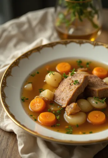 Sup daging sapi kaya rasa disajikan dengan daging sapi dan sayuran