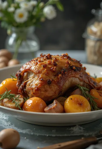 Landak panggang dengan rempah disajikan dengan sayuran panggang.