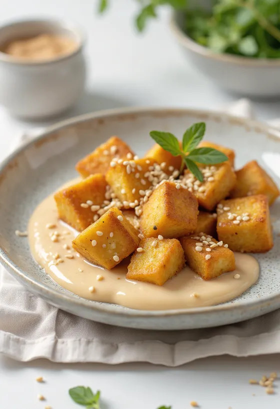Tahu goreng saus tahini disajikan