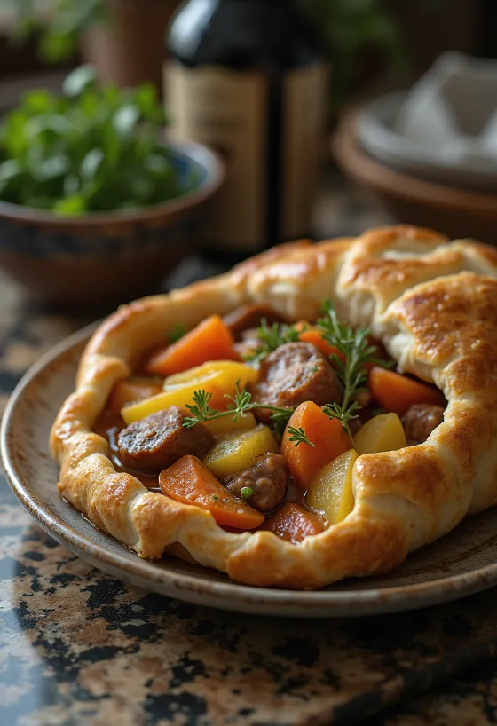 Baeckeoffe disajikan dengan roti segar