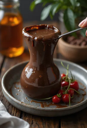 Saus cokelat cabai disajikan dengan buah segar