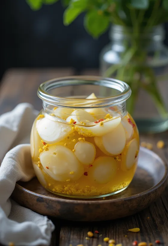 Acar water chestnut pedas disajikan dalam toples kaca