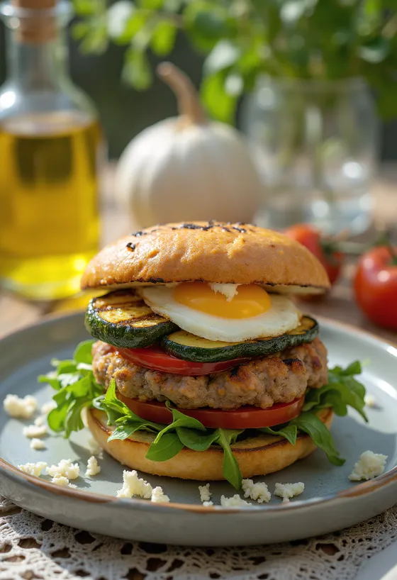 Burger dengan isian sayuran panggang dan keju feta