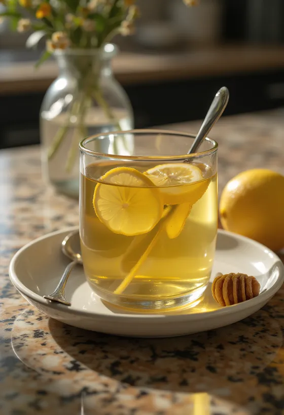 Cangkir berisi minuman jahe lemon panas dengan irisan lemon