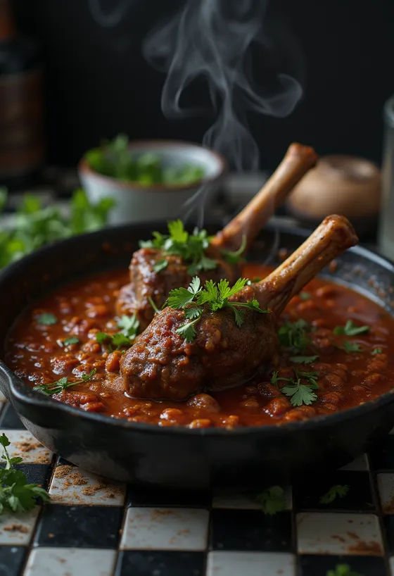 Betis domba disajikan dengan saus harissa