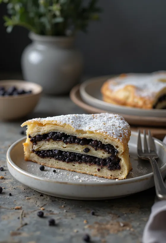 Pai biji opium dengan kulit cokelat keemasan dan isian biji opium