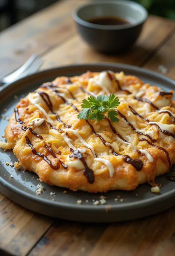 Okonomiyaki pizza dengan kubis dan serpihan tuna