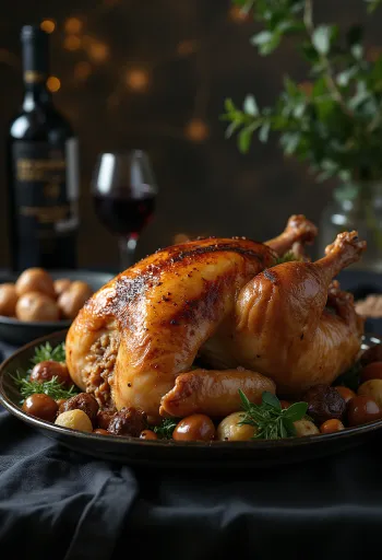 Kalkun panggang dengan isian chestnut disajikan di piring dengan sayuran.